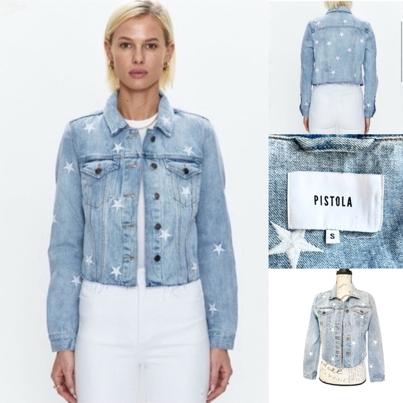 pistola Jackets & Blazers - Pistola Brando Star Embroidery Cropped Denim Jacket Zodiac Wash - S